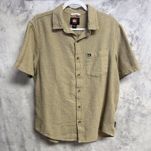 Quiksilver Linen Button Up Shirt Mens L 23x26 Tan Waffle Knit Short Sleeve